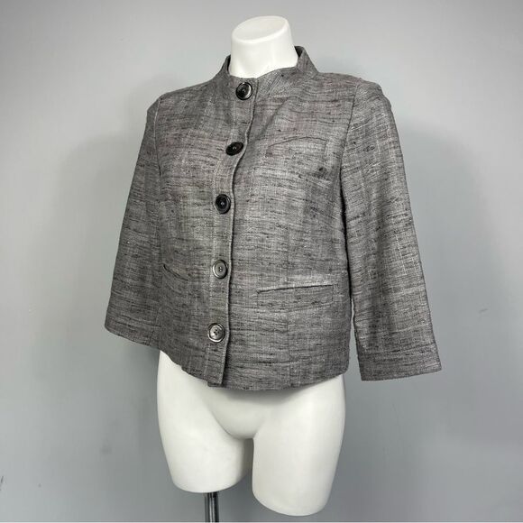 BOGNER Silk Tweed Boucle Blazer Jacket Gray Brown Cropped Bolero 3/4 Sleeve US 8 - Picture 8 of 16